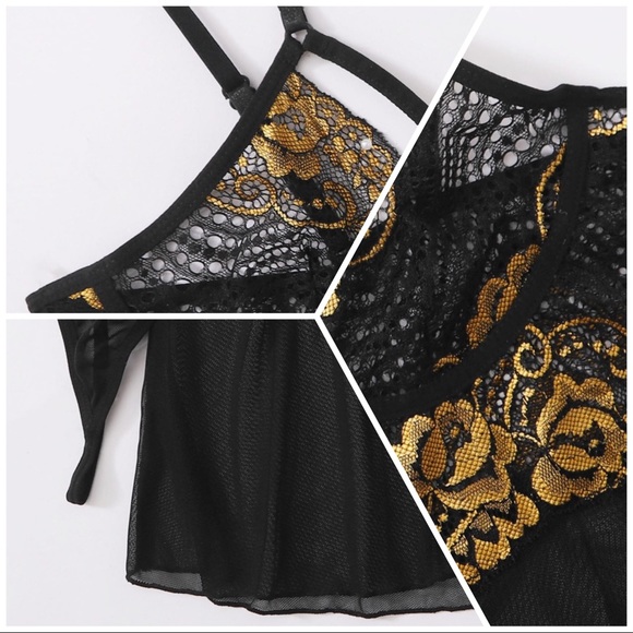 New Sexy Sheer Black & Gold Lace Babydoll Slips - Picture 3 of 4